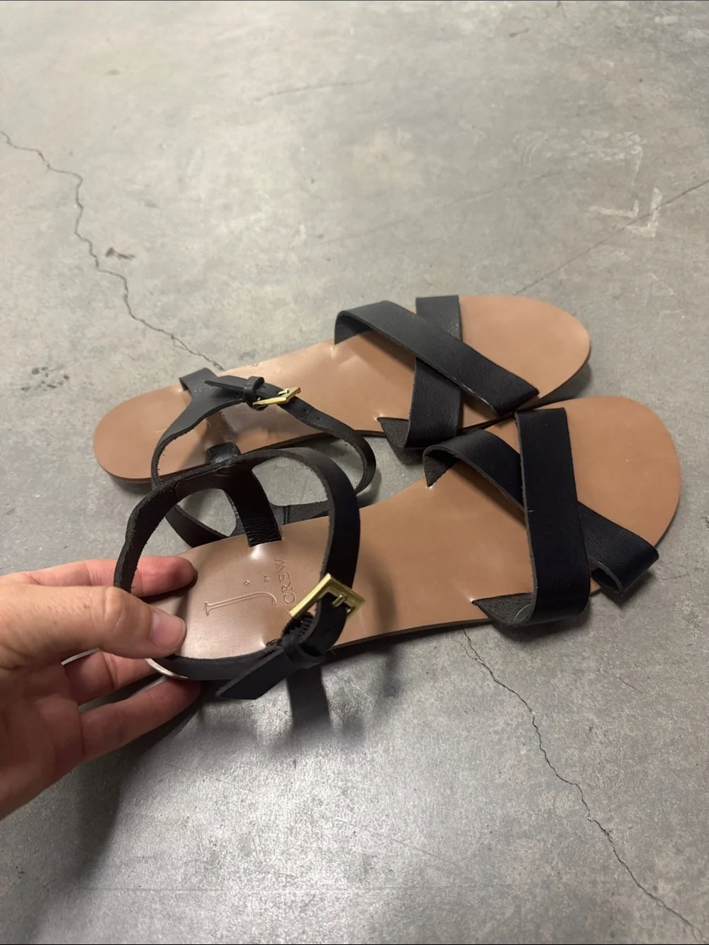 J. Crew Black Leather Criss-Cross Straps Ankle Buckle Open-Toe Sandals- Size 9